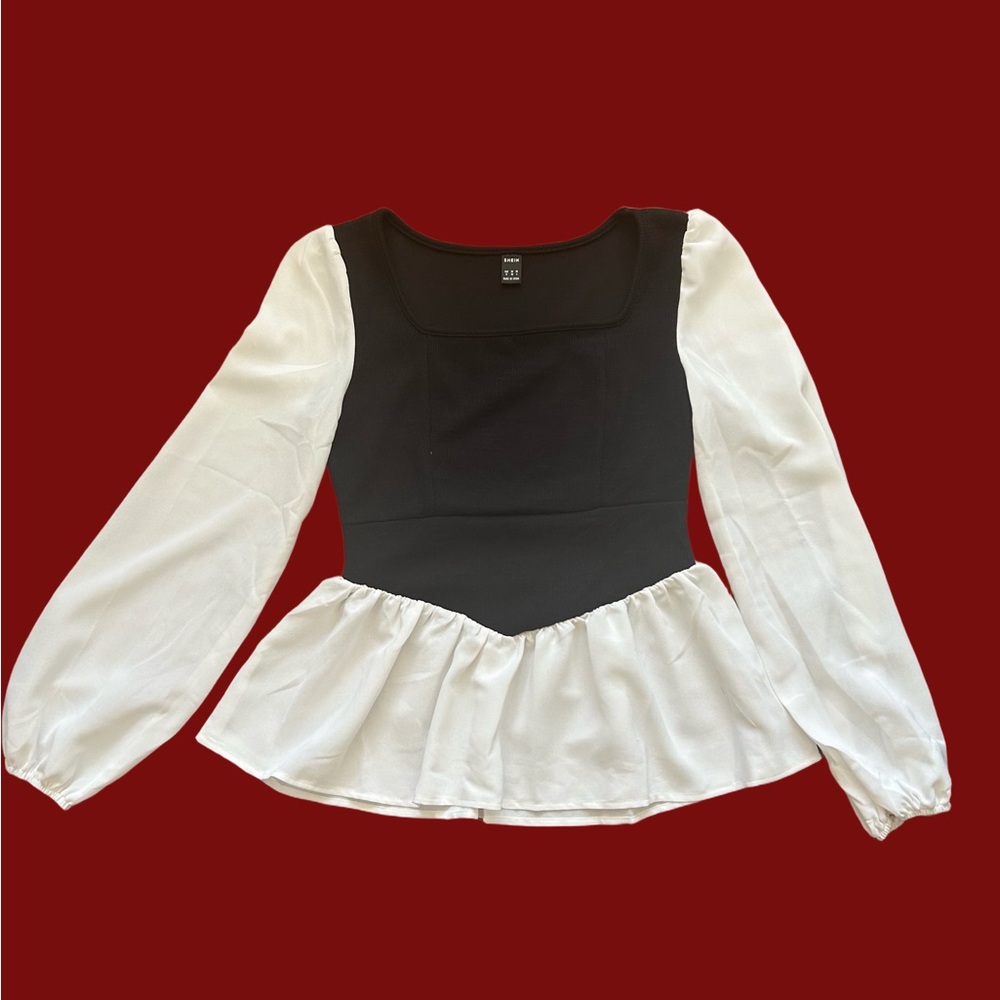 SHEIN Peplum Puff Sleeve Black and White Blouse